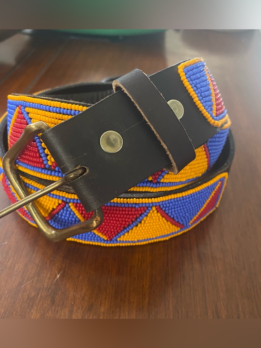 Hand-Beaded Leather Men's Belt in Blue, Yellow & Red 34/36